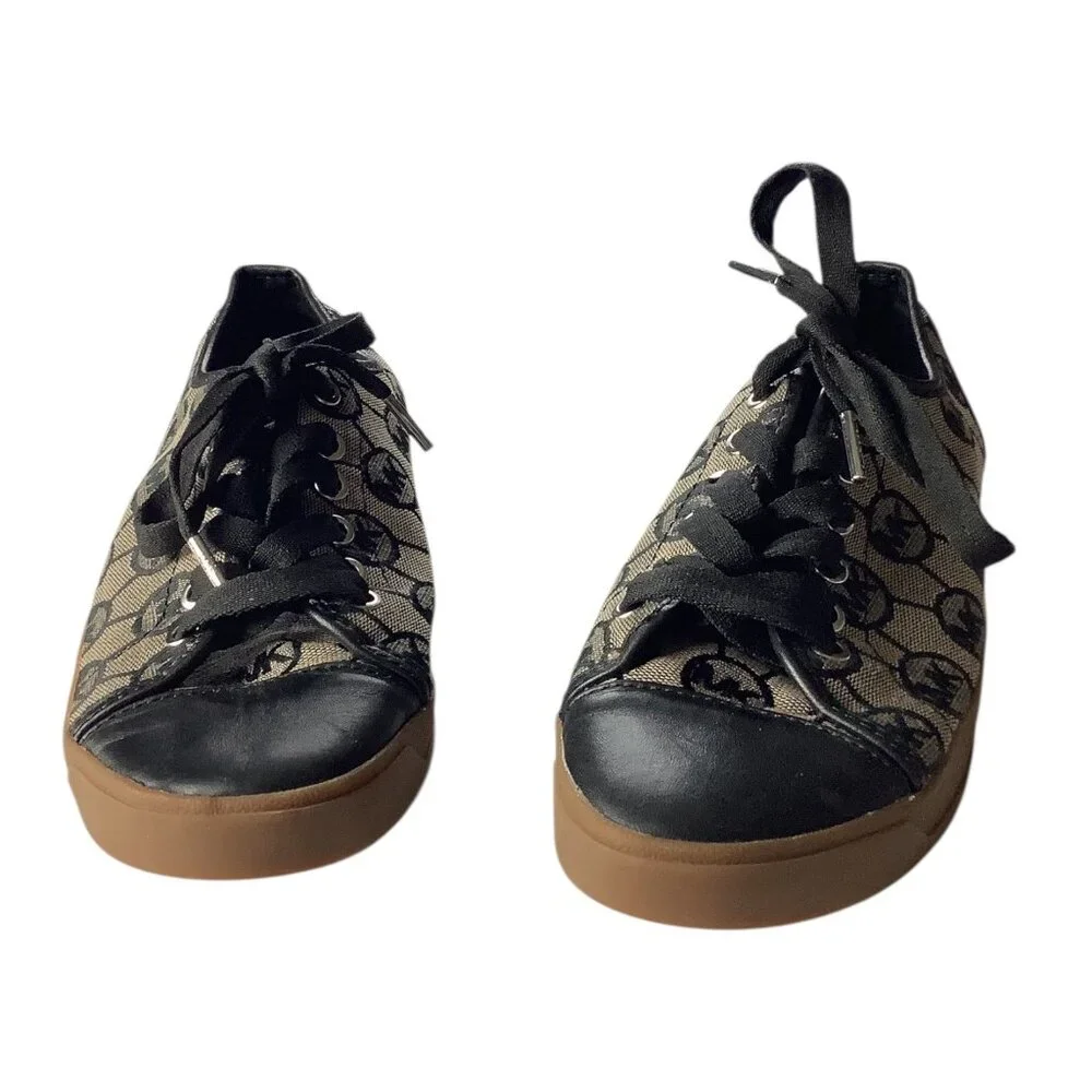 Michael Kors Womens MK Logo Monogram City Sneakers Sz 8M Black & Tan Rubber Sole